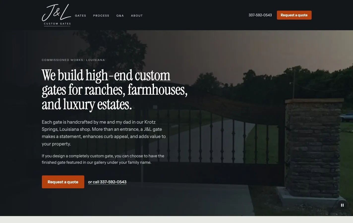 The J&L Custom Gates home page: a large serif headline and a quote button over a dusk photo of a wood-topped iron driveway gate beside a stone pillar.