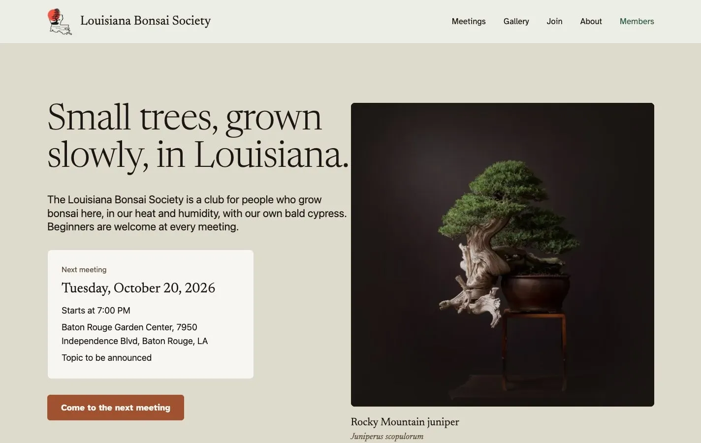 The Louisiana Bonsai Society home page: a serif headline, the next meeting's date on a white card, and a photo of a juniper bonsai on a stand.